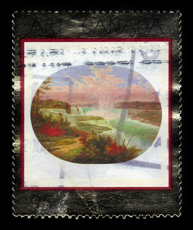 CANADA - CIRCA 2000: A stamp printed in Canada shows Niagara, 1858, painting by dutch-canadian painter Cornelius Krieghoff, series canadian art (13th series), circa 2000のeditorial素材