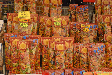 Rome, Italy - January 23: multicolored pasta in famous daily food market at square Campo dei Fiori on January 23, 2018, Rome, Italyのeditorial素材