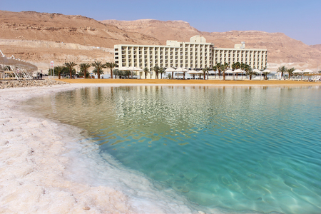 picturesque landscape at the Dead Sea, Ein Bokek, a resort on the Israeli shoreの写真素材