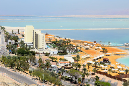 picturesque landscape at the Dead Sea, Ein Bokek, a resort on the Israeli shoreの写真素材