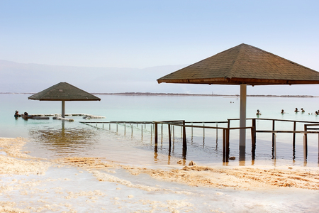 Dead Sea, Ein Bokek, Israel - March 18: view of the beach at resort village of Ein Bokek on March 18, 2018のeditorial素材