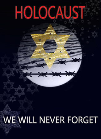 image dedicated to the Holocaust, a star of David against the background of the moon and barbed wire, with inscription : Holocaust we will never forgetの写真素材