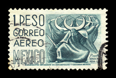 MEXICO - CIRCA 1950: a stamp printed in Mexico, shows Puebla, Dance of the Half Moon, circa 1950のeditorial素材