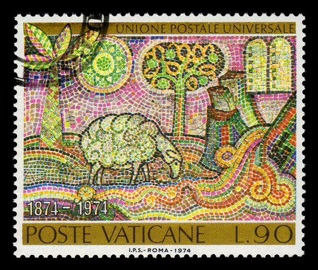 Vatican City - circa 1974: a stamp printed in Rome shows mosaic image of the biblical story of the Noah's Ark, U.P.U. (Universal Postal Union), century, circa 1974のeditorial素材