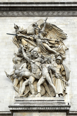 "Speech of Volunteers" is traditionally called "Marseillaise", sculptural group by Francois Ryde on the Paris Arc de Triomphe, Paris, Franceの写真素材