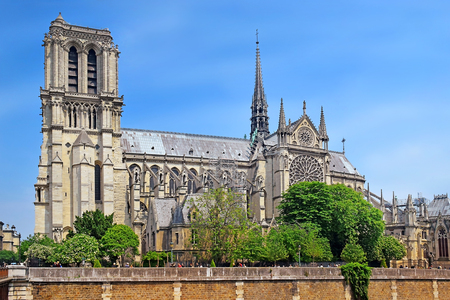Notre Dame de Paris Cathedral - most beautiful Cathedral in Paris, view from the River Seine, Franceの写真素材