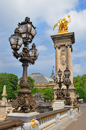 Pont Alexandre III bridge decorated with ornate Art Nouveau lamps and sculptures, Paris, Franceのeditorial素材
