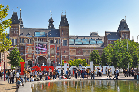 Amsterdam, the Netherlands - May 20, 2018: the square in front of the Rijksmuseum (State museum) and the letters I AMsterdam - one of known sights of the cityのeditorial素材