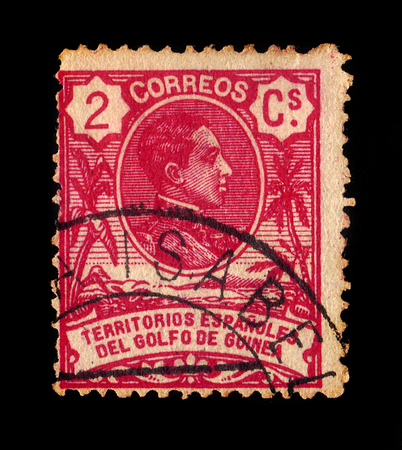 Spanish Guinea - circa 1911: A stamp printed by Spain shows portrait Alfonso XIII, King of Spain, series, circa 1911のeditorial素材