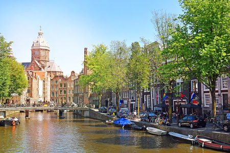Amsterdam, North Holland, The Netherlands - May 20 2018: picturesque cityscapes in the red-light district of Amsterdam. Amsterdam is the capital and most populous city of the Netherlandsのeditorial素材