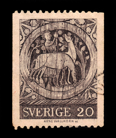 SWEDEN - CIRCA 1970: stamp printed in Sweden, shows pictures depict the legend of the martyr St Stephan, ceiling painting, Dadesjo Church, Smaland in Sweden, circa 1970のeditorial素材