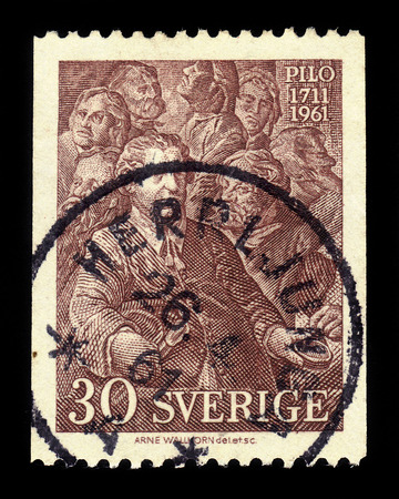 SWEDEN - CIRCA 1961: stamp printed in Sweden, shows "Coronation of Gustav III" by Carl Gustaf Pilo, swedish artist, 250th Birth Anniversary of Carl Gustav Pilo, circa 1961のeditorial素材