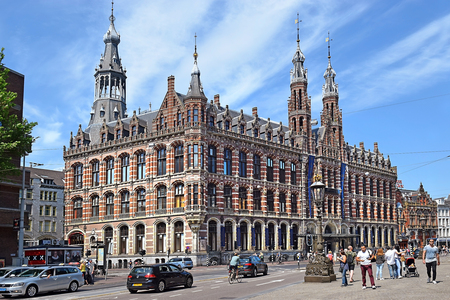 Amsterdam, The Netherlands - May 21, 2018: the neo-gothic building of The Former Amsterdam Main Post Office, currently a shopping mall known as Magna Plaza in the center of cityのeditorial素材