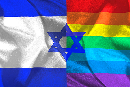 Star of David on a blue and white israeli flag and rainbow colored LGBT flagの写真素材