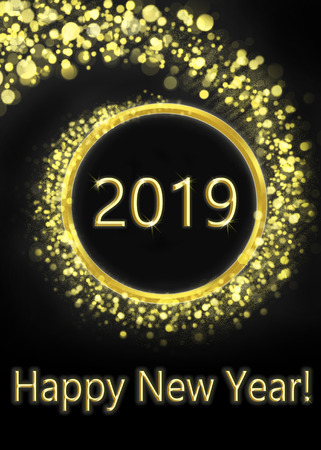 greeting card with happy new year, gold and black with inscription happy new year 2019の写真素材