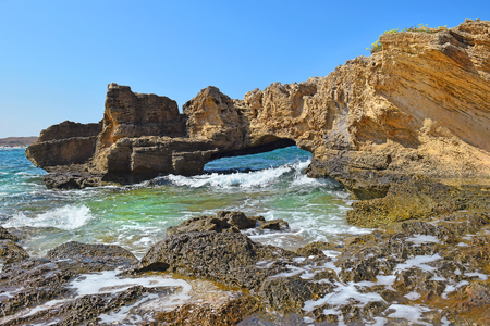picturesque geological formations on the Nahsholim beach, the Haifa area, north of Israelの写真素材