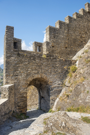 view of the stone walls of Castle Tourbillon in Sion, Canton of Valais, Switzerlandの写真素材