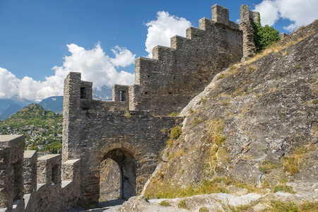 view of the stone walls of Castle Tourbillon in Sion, Canton of Valais, Switzerlandの写真素材