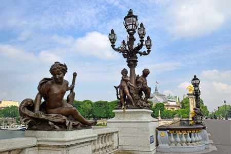 Pont Alexandre III - bridge decorated with ornate Art Nouveau lamps and sculptures, Paris, Franceの写真素材
