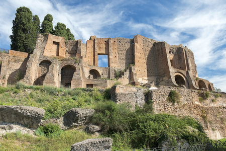 ancient ruins of the Domus Augustana, built for the Emperor Domitian, atop the Palatine Hill overlooking the Circus Maximusの写真素材