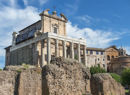 Temple of Antoninus and Faustina is an ancient roman temple in Roman Forum, later a Roman Catholic church the Chiesa di San Lorenzo in Miranda, Rome, Italyの写真素材
