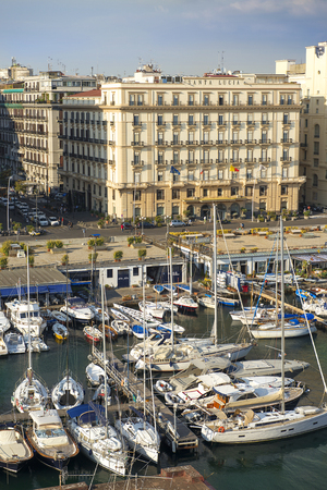 Naples, Italy - september 15, 2018: views of Naples and the marina from the height Castel dell'Ovo, Grand Hotel Santa Lucia  in the backgroundのeditorial素材