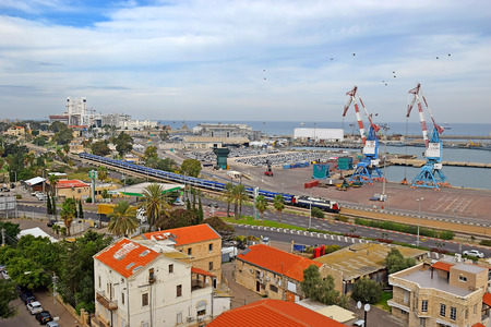 HAIFA, ISRAEL - December 02, 2018: top view of the commercial port of Haifa and Haifa Bayのeditorial素材