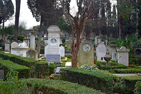 Rome, Italy - November 13, 2018 : graves of famous people at the Cimitero Acattolico ("Non-Catholic Cemetery") of Rome, Italyのeditorial素材