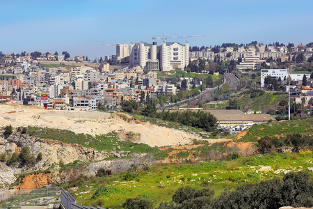 NAZARETH, ISRAEL - March 09, 2019: panoramic view of modern Nazareth, a city in the Galilee, centered courthouse of the northern district of Israelのeditorial素材