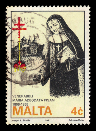 Malta - CIRCA 1991: A stamp printed in Malta shows Abbess Venerable Maria Adecodata Pisani, maltese nun, circa 1991のeditorial素材
