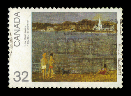 CANADA - CIRCA 1984: A stamp printed in Canada shows painting by Jean Paul Lemieux, "New Brunswick", Canada Day series, circa 1984のeditorial素材