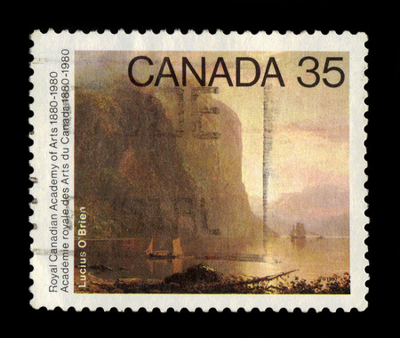 CANADA - CIRCA 1980: A stamp printed in Canada shows sunrise on the Saguenay, painting by Lucius O'Brien, Centenary of Royal Canadian Academy of Arts series, circa 1980のeditorial素材