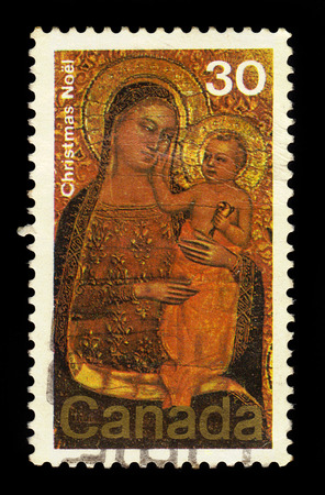CANADA - CIRCA 1978: A stamp printed in Canada shows painting by Jacopo di Cione, "The Virgin and Child", circa 1978のeditorial素材