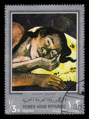 Yemen - CIRCA 1968: stamp printed in Yemen Arab Republic, shows painting by Paul Gauguin, Nevermore (1897), silver frame, circa 1968のeditorial素材