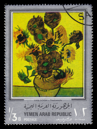 Yemen - CIRCA 1968: stamp printed in Yemen Arab Republic, shows painting by Van Gogh, sunflowers (1888), silver frame, circa 1968のeditorial素材