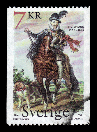 SWEDEN - CIRCA 1998: A stamp printed in Sweden shows Sigismund III Vasa, King of Sweden, astride a horse with dog, circa 1998のeditorial素材