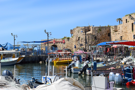 ACRE, ISRAEL - April 11, 2019: view on marina with yachts and fishing port in old city Acre, Israelのeditorial素材