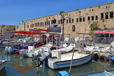 ACRE, ISRAEL - April 11, 2019: view on marina with yachts and fishing port in old city Acre, Israelのeditorial素材