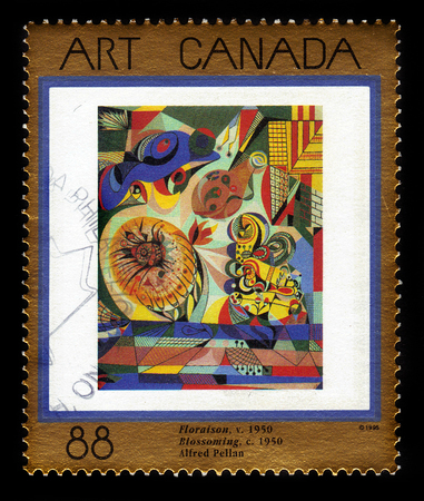 CANADA - CIRCA 1995: A stamp printed in Canada shows "blossoming" by Alfred Pellan, was canadian artist, circa 1995のeditorial素材