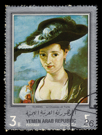 Yemen - CIRCA 1968: stamp printed in Yemen Arab Republic, shows the straw hat, paintings by Rubens, silver frame, circa 1968のeditorial素材
