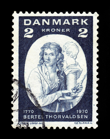 DENMARK - CIRCA 1970: a stamp printed in the Denmark shows Bertel Thorvaldsen, danish sculptor, birth bi-centenary, circa 1970のeditorial素材