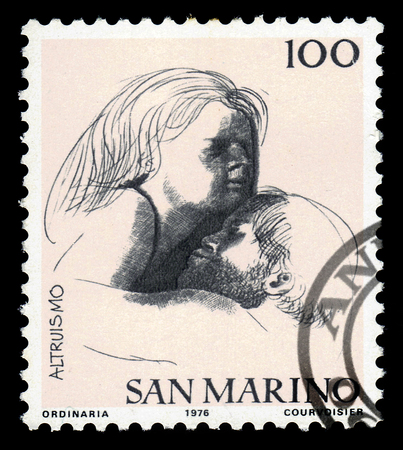 SAN MARINO - CIRCA 1976: A stamp printed in the San Marino shows allegories of the Altruism by italian sculptor and medallist Emilio Greco, series "Civic Virtues", circa 1976のeditorial素材