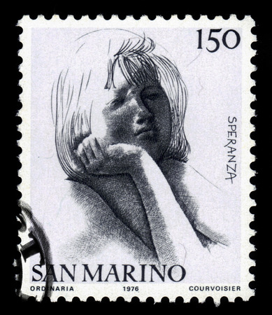 SAN MARINO - CIRCA 1976: A stamp printed in the San Marino shows allegories of the Hope by italian sculptor and medallist Emilio Greco, series "Civic Virtues", circa 1976のeditorial素材