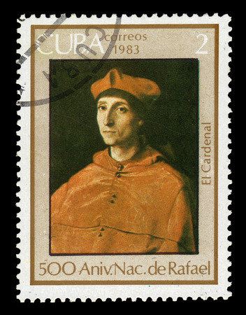 CUBA - CIRCA 1983: A stamp printed in Cuba shows "Portrait of Cardinal", 1510 painting by artist Rafael, series Raffael, 500th Birthday, circa 1983のeditorial素材