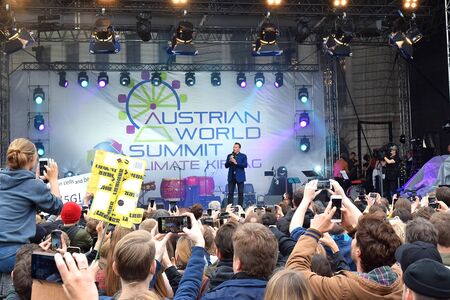 Vienna, Austria - 28 may 2019 : Arnold Schwarzenegger performs on the stage at the Austrian World Summit, Climate Kirtagのeditorial素材