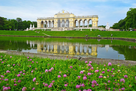 Vienna, Austria - May 27, 2019 : scenic view across the pond and Gloriette pavilion in Schonbrunn park, Viennaのeditorial素材