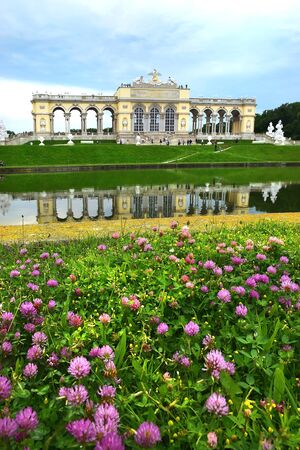 Vienna, Austria - May 27, 2019 : scenic view across the pond and Gloriette pavilion in Schonbrunn park, Viennaのeditorial素材