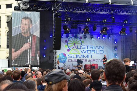 Vienna, Austria - 28 may 2019 : Paul Pizzera, lead singer music band Pizzera & Jaus performs on the stage at the Austrian World Summit, Climate Kirtagのeditorial素材