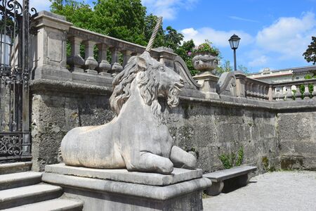 Salzburg, Austria - May 23, 2019 : lying unicorn statue at the entrance to the Mirabell palace gardens, Salzburg, Austriaのeditorial素材