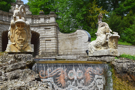 Salzburg, Austria - May 25, 2019 : trick fountains and sculptures at the  Public Gardens of Hellbrunn Palace (Schloss Hellbrunn) in Salzburgのeditorial素材